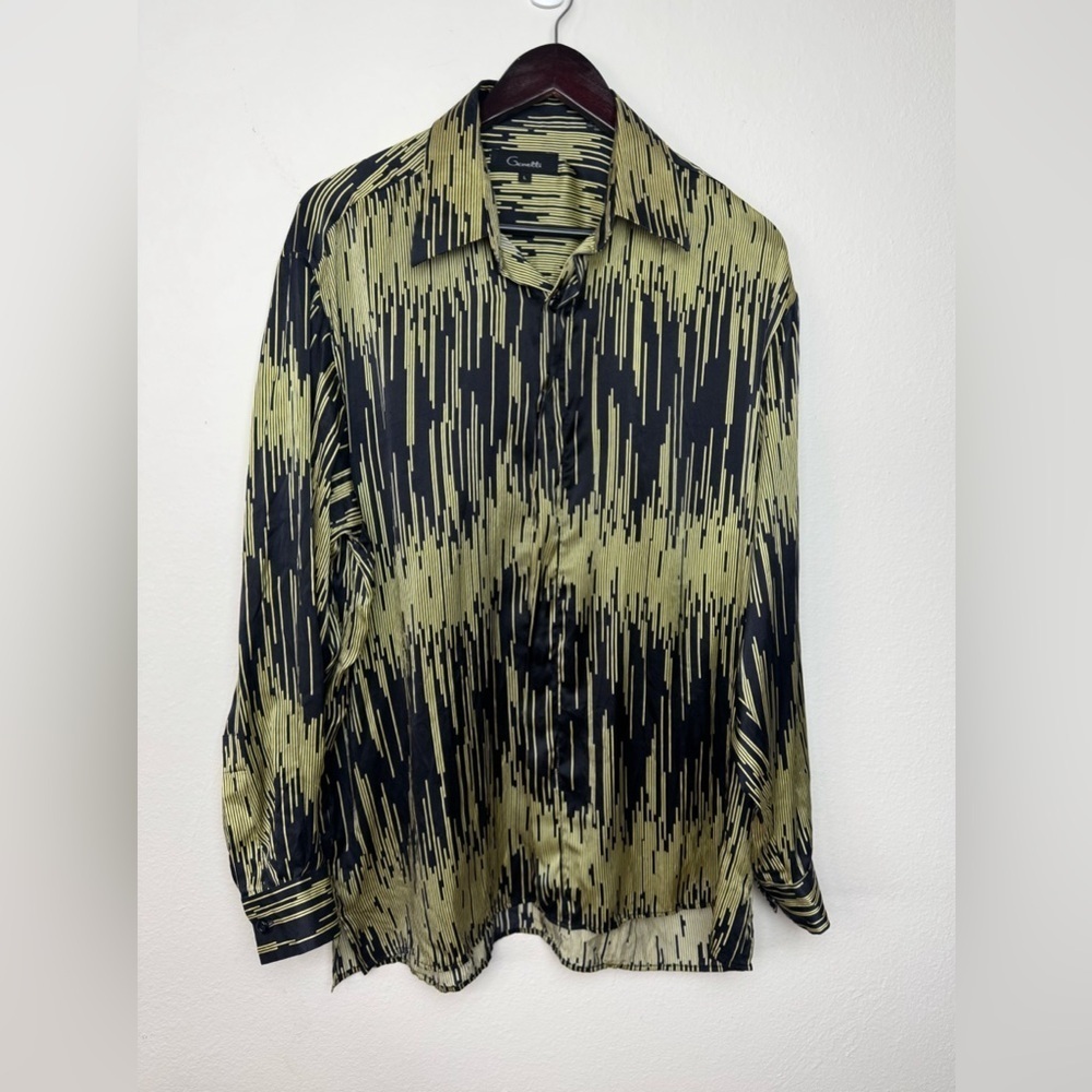 Vintage Genelli Mens Button Up Silk Shirt Large Retro Black Green Abstract